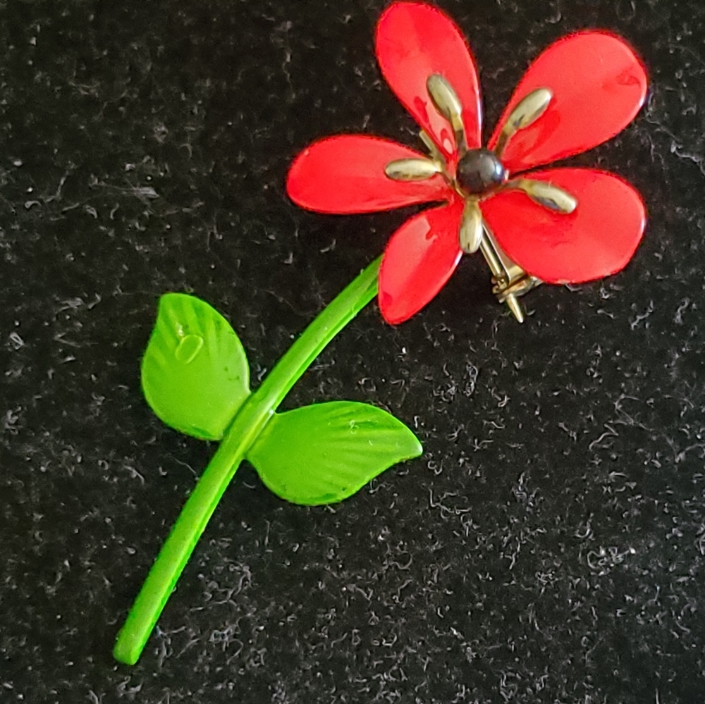 Vintage painted flower brooch red with black center green stem and leaves